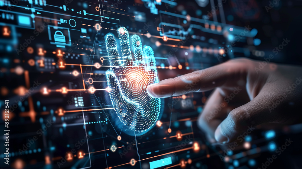 Poster digital data protection with fingerprint authentication futuristic cyber security technology