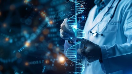 DNA Health Tracker monitoring health through genetic data copy space, healthcare innovation, dynamic, Manipulation, medical center backdrop