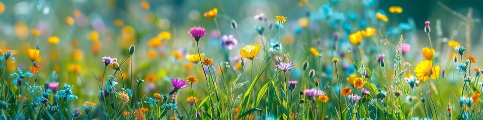A tranquil meadow awash with wildflowers, each bloom a burst of color against a backdrop of lush greenery © Artem
