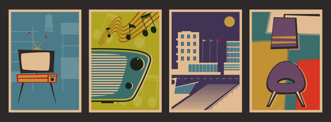 Mid Century Modern Commercial Posters Style Illustrations, 1950s - 1960s Shapes and Colors. TV Set, Radio, City, Armchair, Floor Lamp