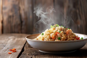 A bowl of rice with vegetables and meat is steaming on a wooden table