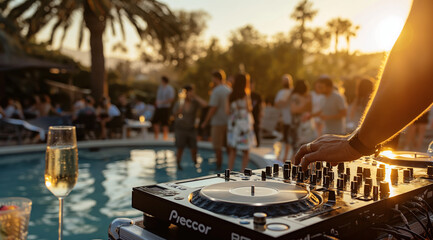 The concept of a summer pool party, with a close-up shot of a DJ playing music while people dance in the background, with a bokeh effect
