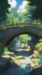 Fototapeta premium Enchanted Forest Stone Bridge: A Whimsical Anime-Inspired Wallpaper for the Lovers of Nature and Mystical Realms