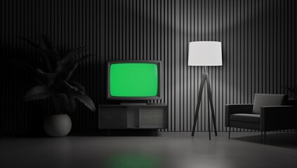 Modern Black Living Room with Vintage TV and Green Screen, Stylish Interior Design