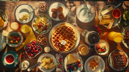 breakfast table full of various dishes. Belgian waffles, jam, nuts, fresh juice, sliced fruits, cheese platter, and a pot of hot coffee on breakfast table.