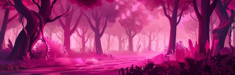 Obraz premium Abstracted Pink Forest: A Stylized Illustration of Nature's Serenity in Rosy Hues, Evoking Tranquility and Wonder