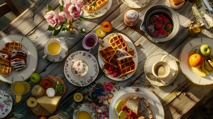 breakfast table full of various dishes. Belgian waffles, jam, nuts, fresh juice, sliced fruits, cheese platter, and a pot of hot coffee on breakfast table.