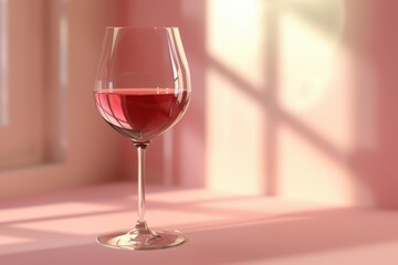 wine glass is sitting on a table with a pink background