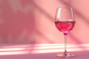 wine glass is sitting on a table with a pink background