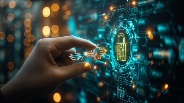 Digital Security Unlocked: A hand inserts a glowing key into a virtual lock, illuminating the concept of cybersecurity and data protection in a high-tech world. Generative ai illustration.