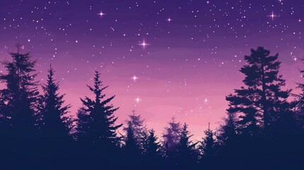 Aesthetic gradient of cosmic violet and pink starry sky with silhouetted forest trees, creating a stunning phone wallpaper