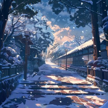Serene Winter Enchantment: A Tranquil Wonderland Embracing Anime Aesthetics Amidst Snowy Landscapes