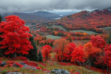 Showcases the vastness and beauty of a landscape filled with red maple trees in their autumnal glory.