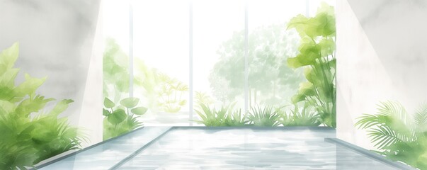 Modern wellness facility, tranquil environment, lush indoor garden, Watercolor style