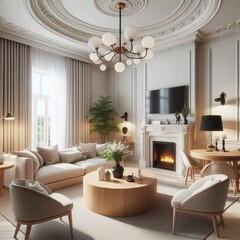 Fototapeta premium The interior design of the living room is whitish-colored walls and ceiling with beige textiles on the sofa and curtains, a maple wooden round dining table with hite marble top with two chairs. The ro