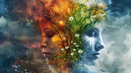 Artistic illustration of the four temporal seasons depicted in one face, representing nature's cycle