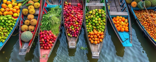 Vibrant floating market with colorful boats selling fresh fruits and vegetables, lively atmosphere, copy space, ideal for cultural and travel content.