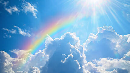 Stunning blue sky panoramic rainbow: A panoramic view of a stunning blue sky filled with big fluffy clouds and a giant arcing rainbow. This beautiful summer scene offers ample copy space