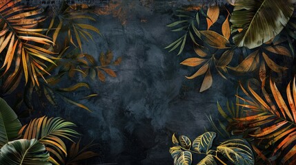 Artistic painted leaves on a dark backdrop, providing a tropical and sophisticated mural for interiors