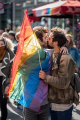 A gay couple holding a rainbow flag and kissing on the street, in a realistic photo.