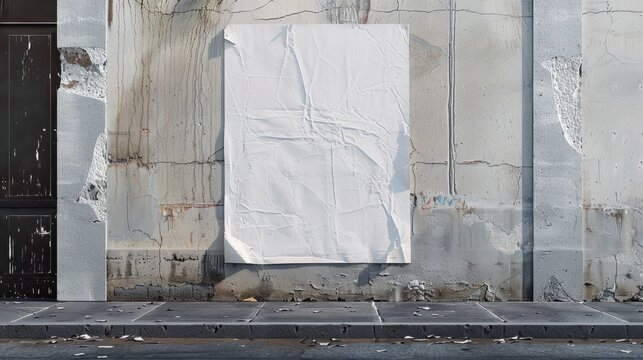 Creased Clear mockup glued sticker advertising 3d propaganda adhesive textured affiche wall art Blank mock Empty white canvas street rendering poster wheatpaste urban .