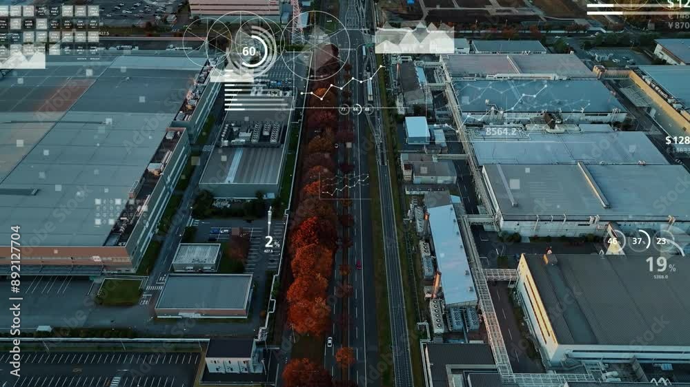 Aufkleber composited image of drone aerial view of modern industrial area and statistics data concept.