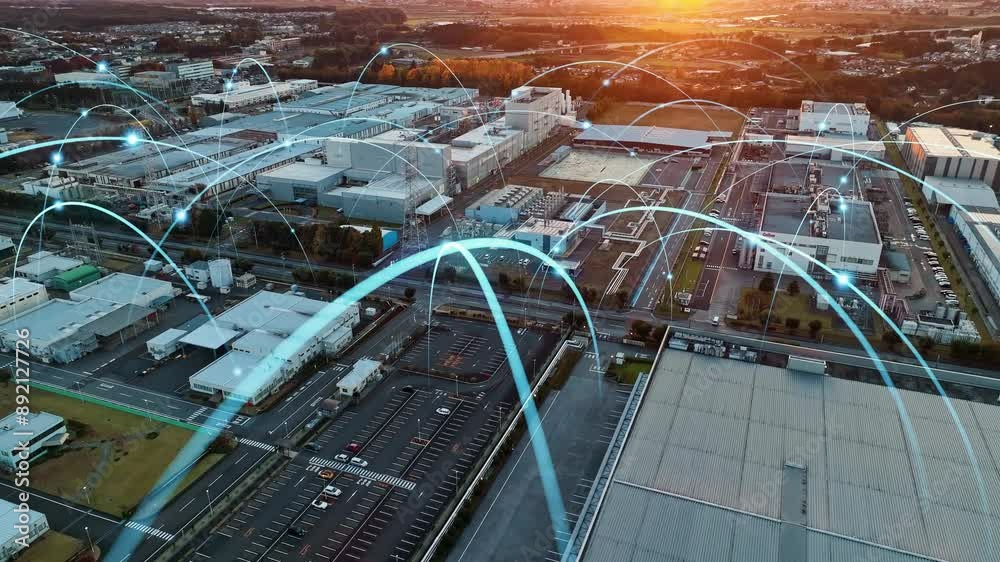 Aufkleber Composited image of drone aerial view of modern industrial area and communication network concept.