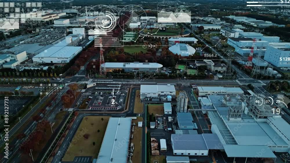Aufkleber composited image of drone aerial view of modern industrial area and statistics data concept.