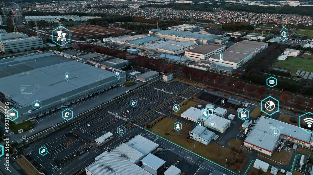 Aufkleber composited image of drone aerial view of modern industrial area and digital technology concept.