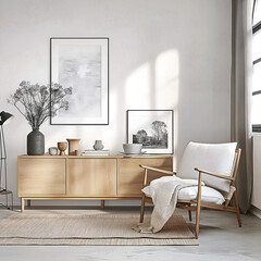 Fototapeta premium Aesthetic minimalist room interior design. Mockup picture frames. Mock up poster on the walls. Copy space. Clean scandi apartment for decoration. Neutral colors. Modern style.