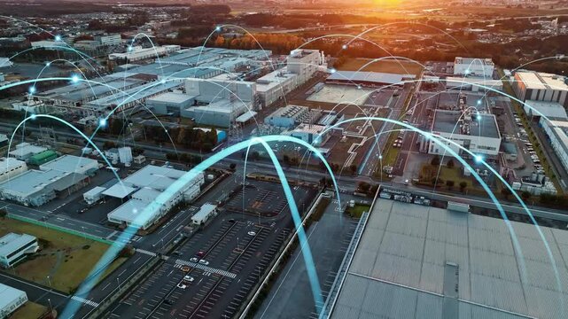 Composited image of drone aerial view of modern industrial area and communication network concept.