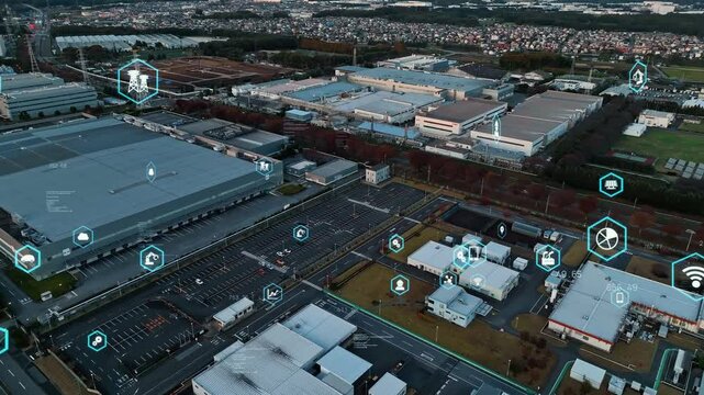 Composited image of drone aerial view of modern industrial area and digital technology concept.