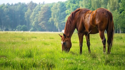 Fototapeta premium Gorgeous brown horse feeding in field