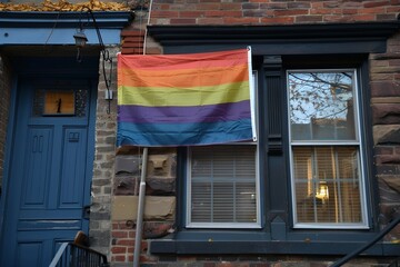 A rainbow flag is hanging in the window of an old brick house on Orange Street in Philadelphia. The house has a blue door and black trim. 