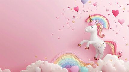 A whimsical illustration of a unicorn with a rainbow and hearts, set against a pink background, evoking fantasy and magic.