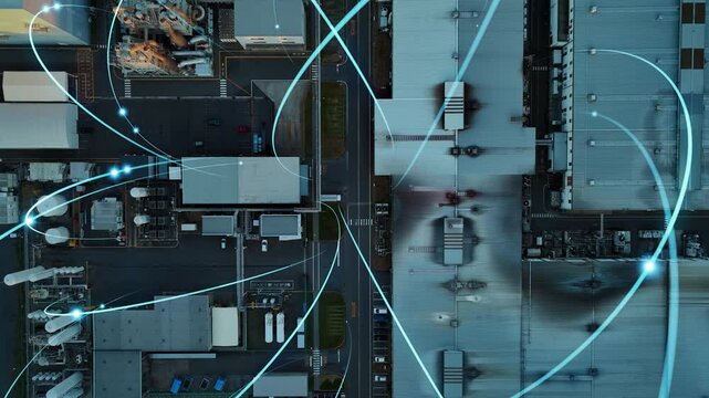 Composited image of drone aerial view of modern industrial area and communication network concept.