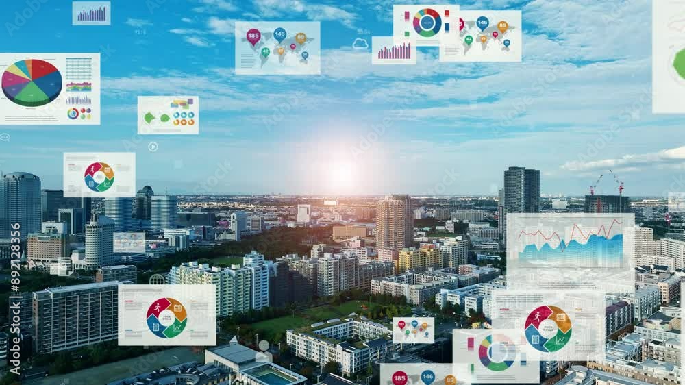Poster composited image of drone aerial view of modern city and business marketing data concept.
