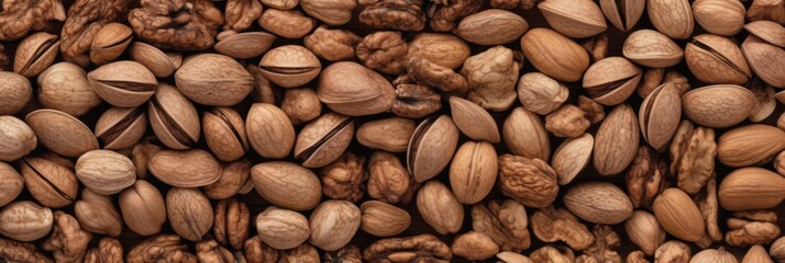 Fototapeta premium Nutty Delight: A High-Resolution, Overhead View of Walnuts Spread on a Rich, Textured Background, Celebrating the Harvest Season