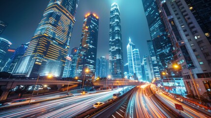 Fototapeta premium Downtown area with light trails from passing cars, skyscrapers lit up, bustling and energetic, perfect for city life and nighttime themes, copy space.