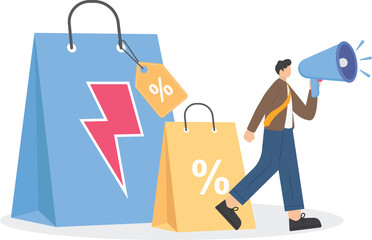 Businessman hold megaphone. special offer, e-commerce shop promotion. e-commerce promotion flash sale. certificate or discount coupon. Flat vector illustration
