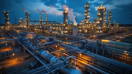 Fototapeta premium Oil refinery with complex piping and storage tanks, night view with lights, copy space, ideal for energy and petrochemical industry content.