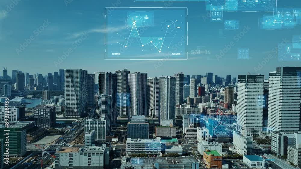 Poster composited image of drone aerial view of modern city and digital technology concept.