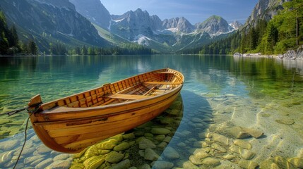Obraz premium Traditional wooden boat floating on a pristine mountain lake, clear reflections, tranquil and scenic, ideal for travel and nature themes, copy space.