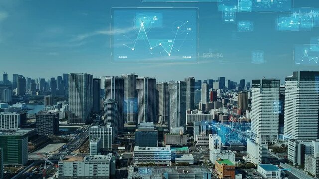 Composited image of drone aerial view of modern city and digital technology concept.