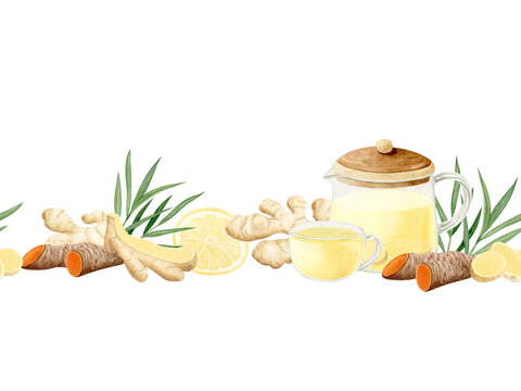 watercolor ginger tea, lemon, turmeric border clip art preview