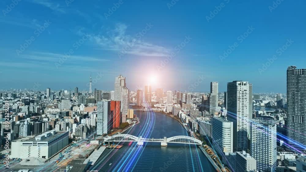 Poster composited image of drone aerial view of modern city and a path of light leading to the future.