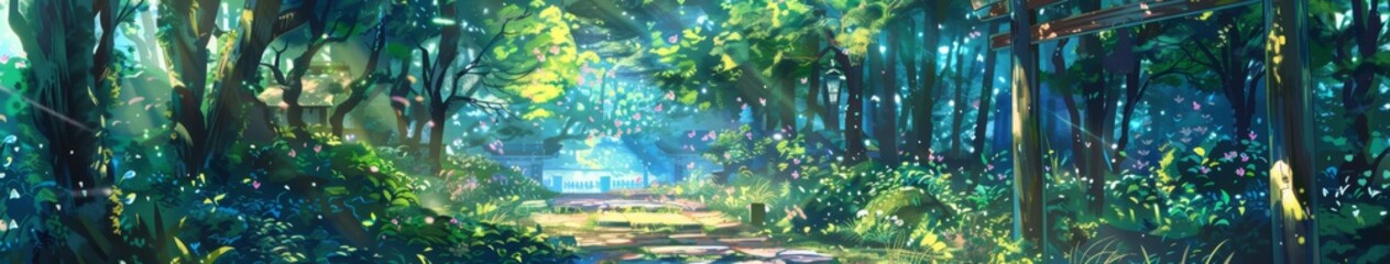 Obraz premium Whimsical Anime-Style Garden Paradise: A Fantasy Wonderland Bursting with Colorful Blossoms and Playful Charm