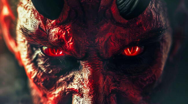 A demonic looking face of devil with red, horns and menacing look