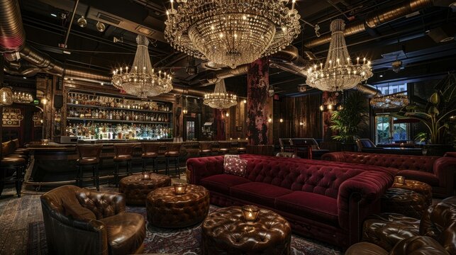Luxurious speakeasy with velvet couches, chandeliers, and expertly mixed cocktails, exclusive and elegant atmosphere, copy space, ideal for high-end and secretive nightlife.