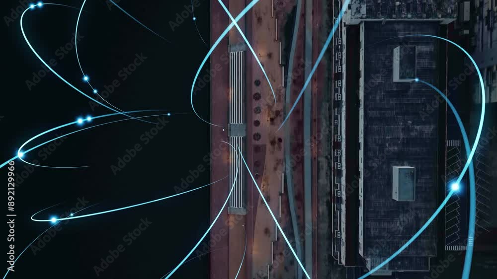 Poster Composited image of drone aerial view of modern city and communication network concept.
